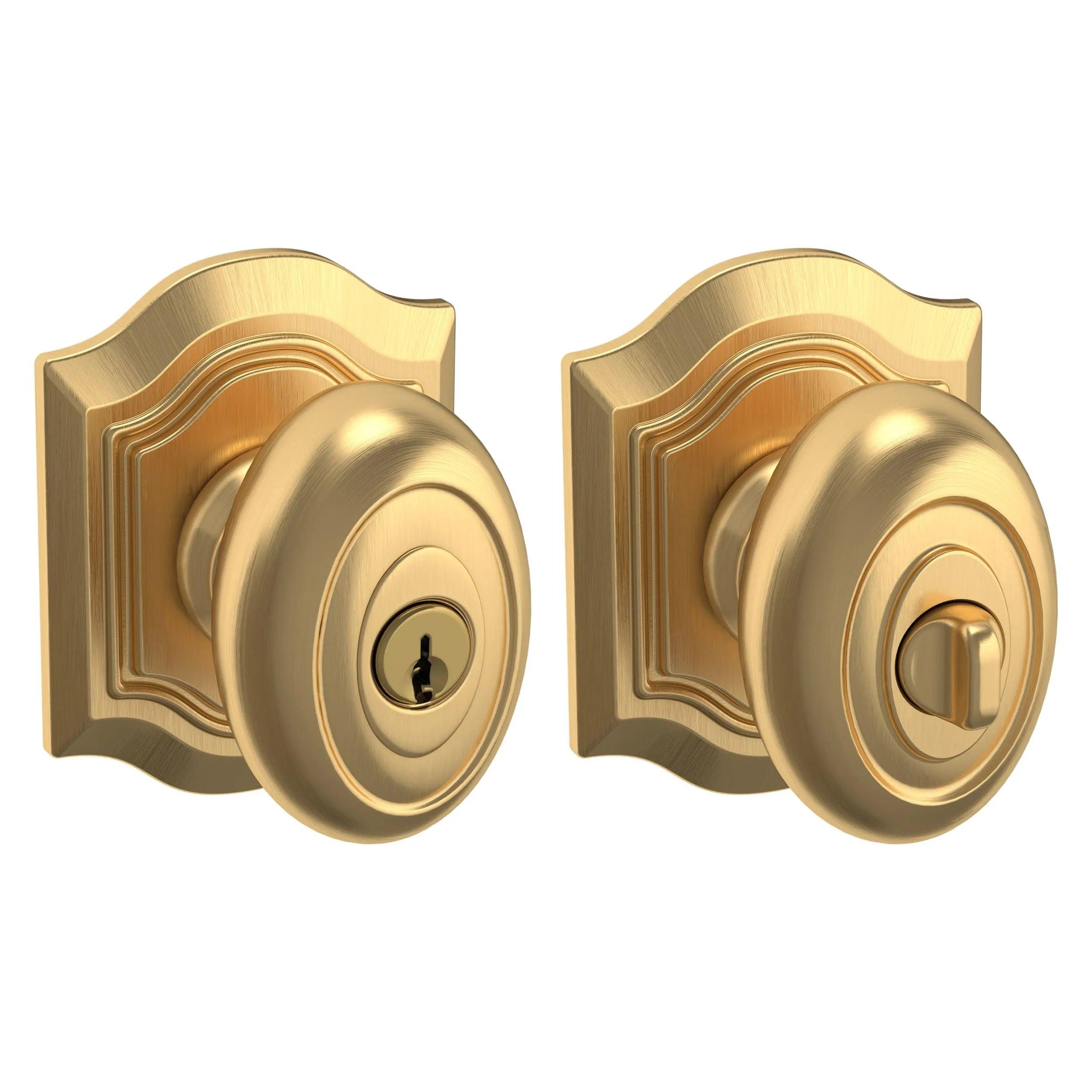 The Baldwin Estate 5237 Keyed Bethpage Knob with Bethpage Rosette in Lifetime Satin Brass finish.