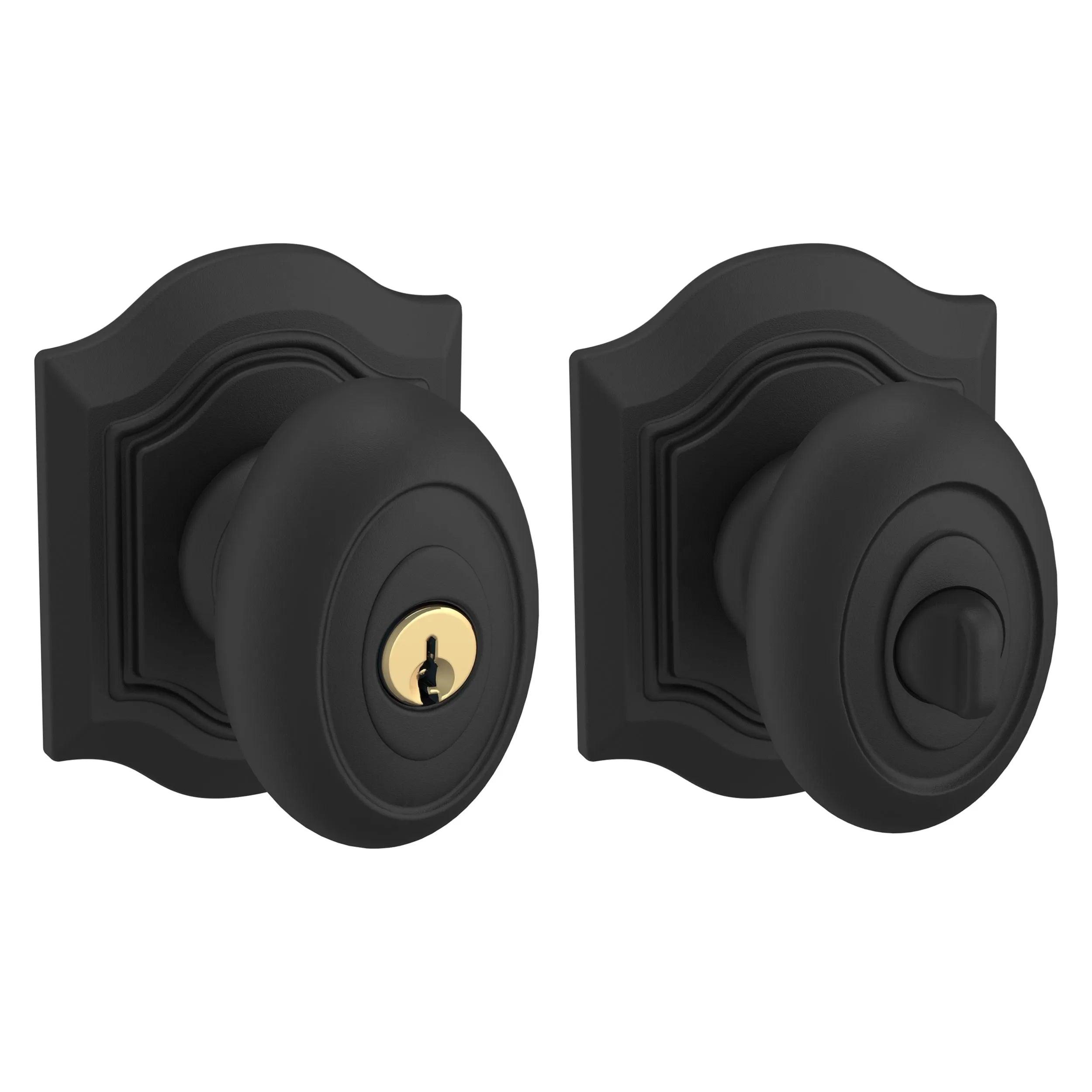 The Baldwin Estate 5237 Keyed Bethpage Knob with Bethpage Rosette in Satin Black finish.