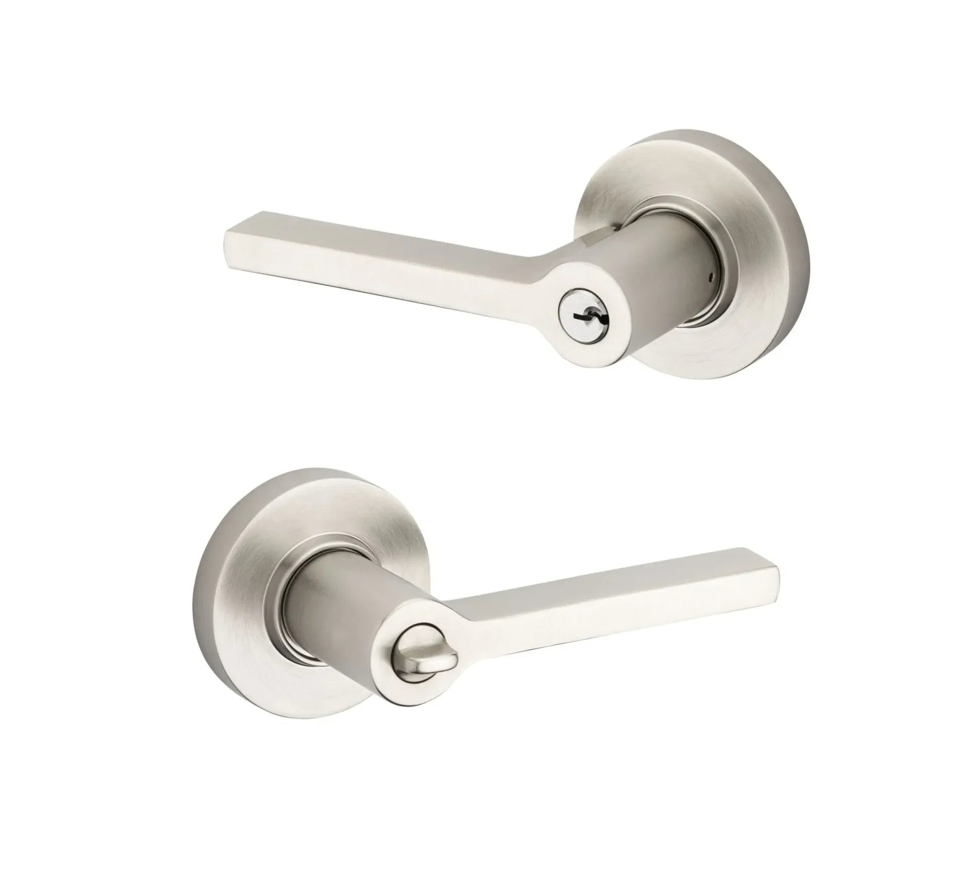 The Baldwin Estate 5260 Minneapolis Keyed Lever with Round Rosette in Lifetime Satin Nickel finish.
