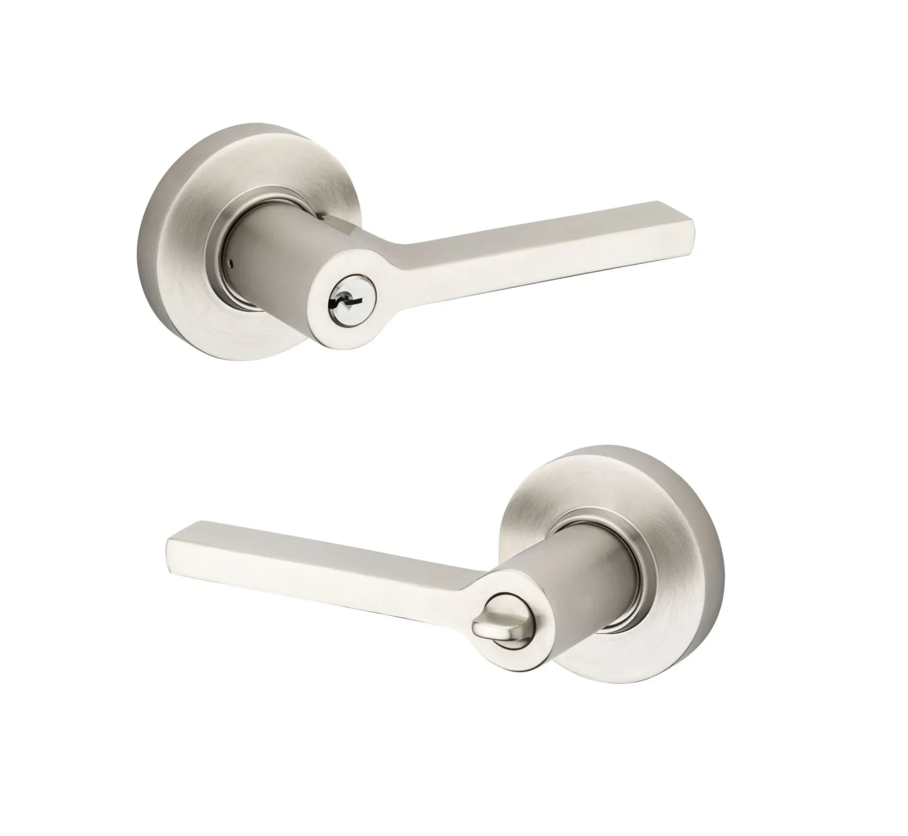 The Baldwin Estate 5260 Minneapolis Keyed Lever with Round Rosette in Lifetime Satin Nickel finish.