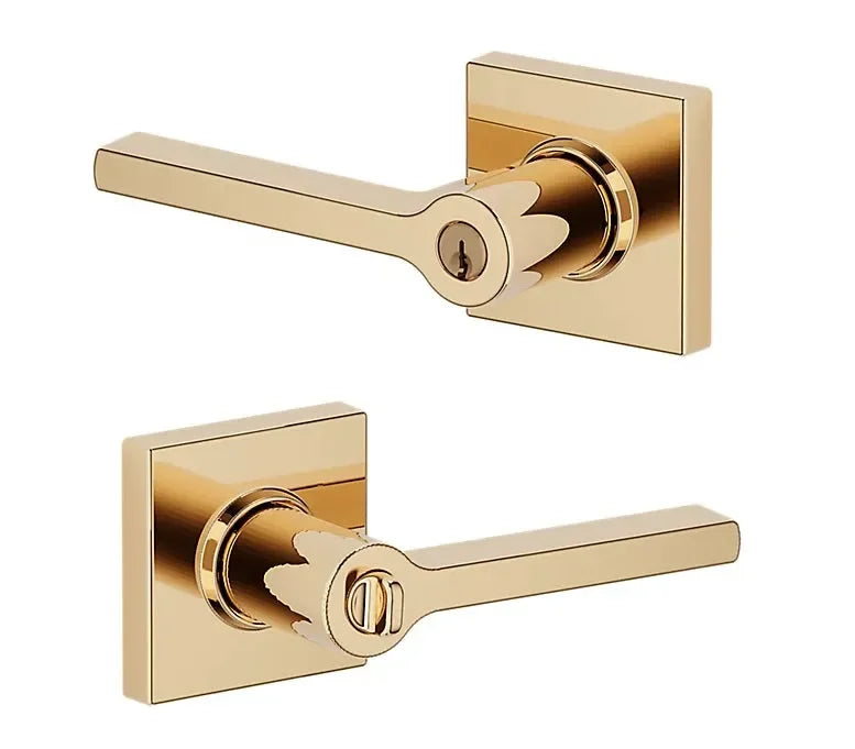 The Baldwin Estate 5285 Minneapolis Keyed Lever with Square Rosette in Lifetime Polished Brass finish.