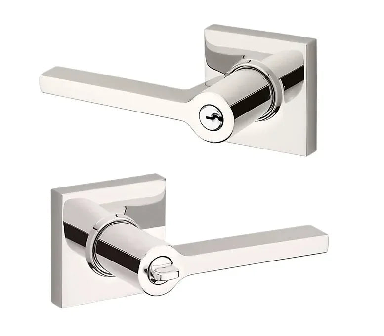 The Baldwin Estate 5285 Minneapolis Keyed Lever with Square Rosette in Lifetime Polished Nickel finish.