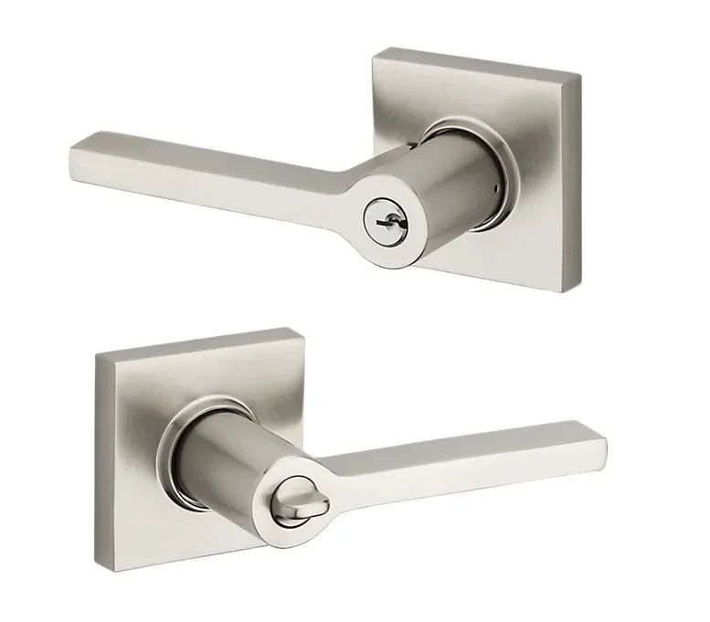 The Baldwin Estate 5285 Minneapolis Keyed Lever with Square Rosette in Lifetime Satin Nickel finish.
