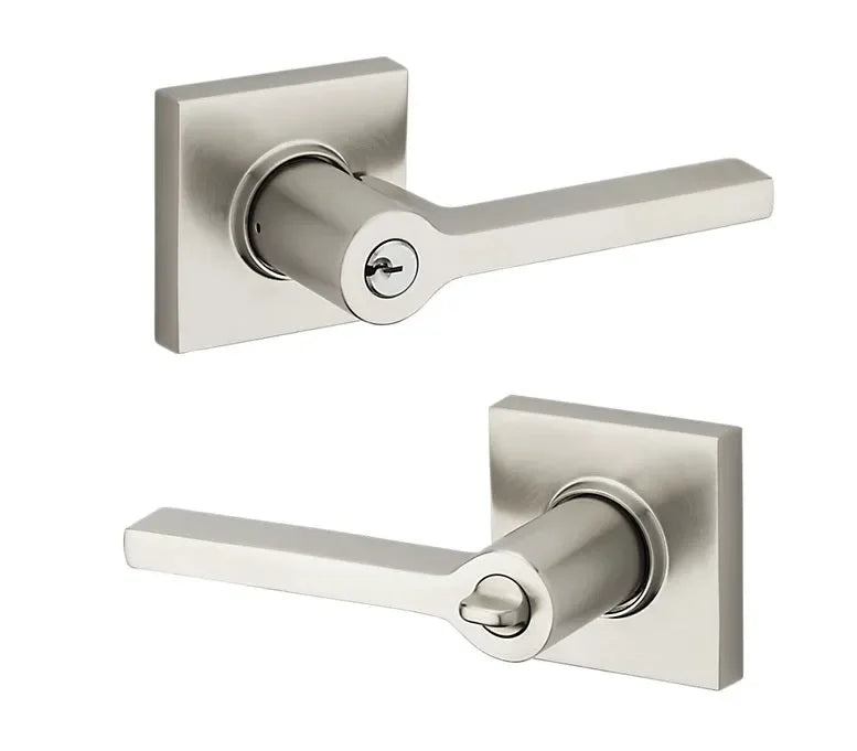 The Baldwin Estate 5285 Minneapolis Keyed Lever with Square Rosette in Lifetime Satin Nickel finish.