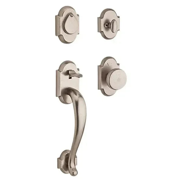 The Baldwin Reserve Adirondack Handleset with Interior Rustic Knob with Rustic Arch Rosette in Single Cylinder finish.