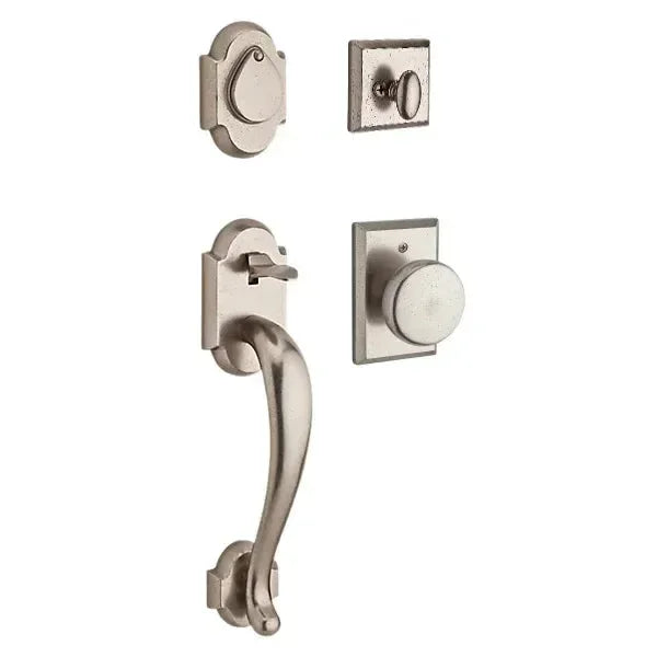The Baldwin Reserve Adirondack Handleset with Interior Rustic Knob with Rustic Square Rosette in Single Cylinder finish.