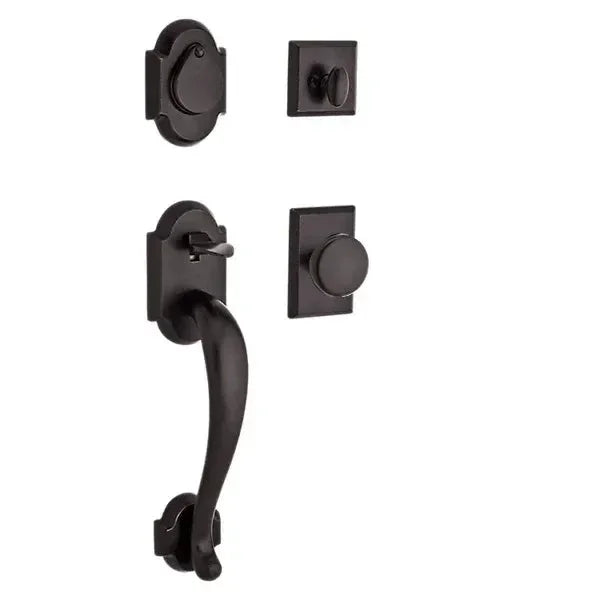 The Baldwin Reserve Adirondack Handleset with Interior Rustic Knob with Rustic Square Rosette in Single Cylinder finish.