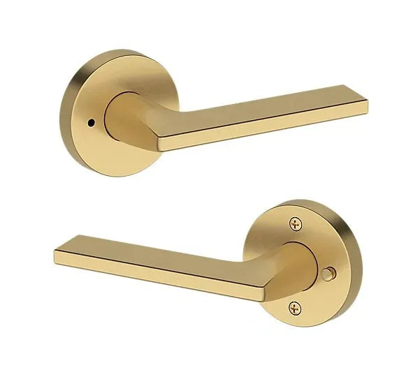 Baldwin Anaheim Hills Lever with Contemporary Round Rosette in Lifetime Satin Brass finish