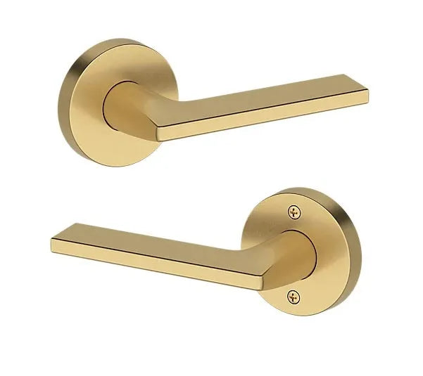 Baldwin Anaheim Hills Lever with Contemporary Round Rosette in Lifetime Satin Brass finish