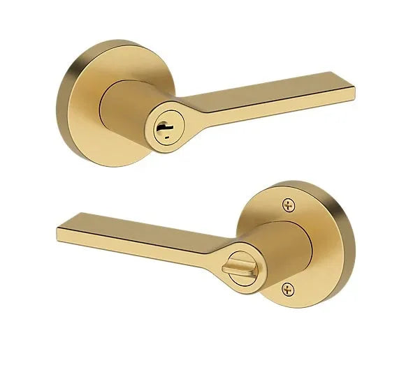 Baldwin Anaheim Hills Lever with Contemporary Round Rosette in Lifetime Satin Brass finish