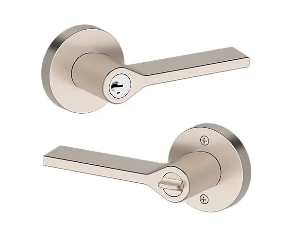 Baldwin Anaheim Hills Lever with Contemporary Round Rosette in Lifetime Satin Nickel finish