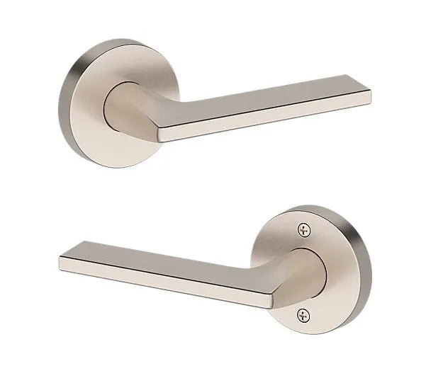 Baldwin Anaheim Hills Lever with Contemporary Round Rosette in Lifetime Satin Nickel finish