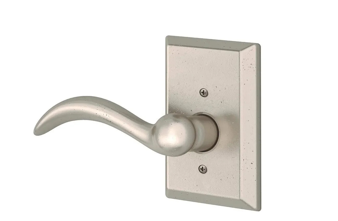 The Baldwin Reserve Arch Lever with Rustic Square Rosette in White Bronze finish.