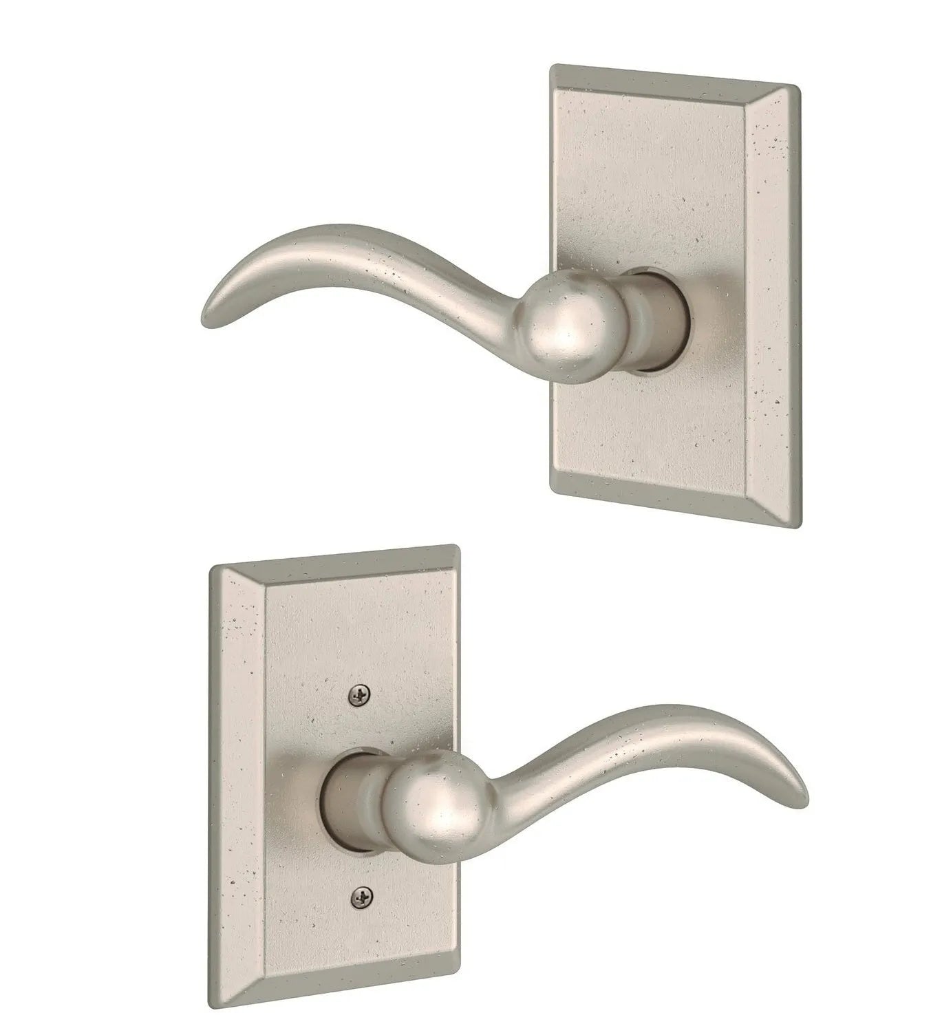 Baldwin Arch Lever with Rustic Square Rosette in White Bronze finish