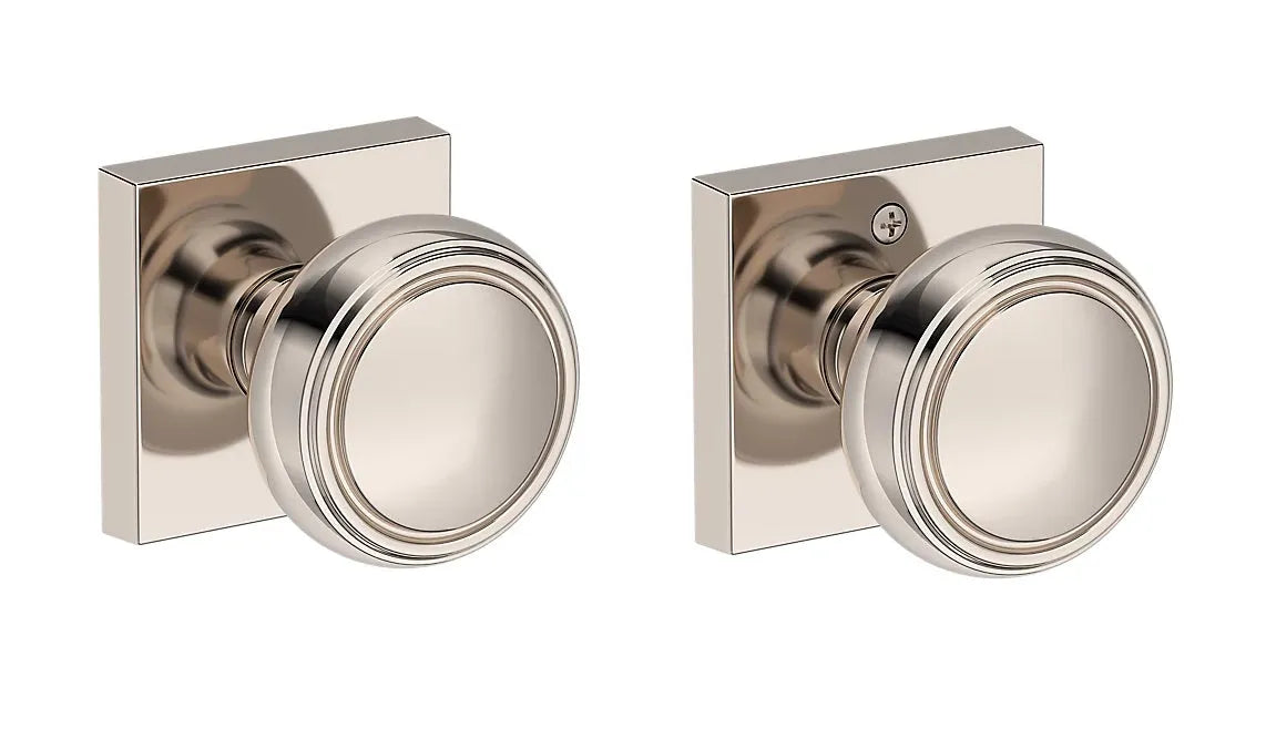 Baldwin Bremerton Knob with Contemporary Square Rosette in Lifetime Polished Nickel finish