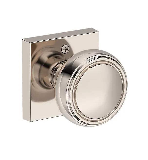 Baldwin Bremerton Knob with Contemporary Square Rosette in Lifetime Polished Nickel finish