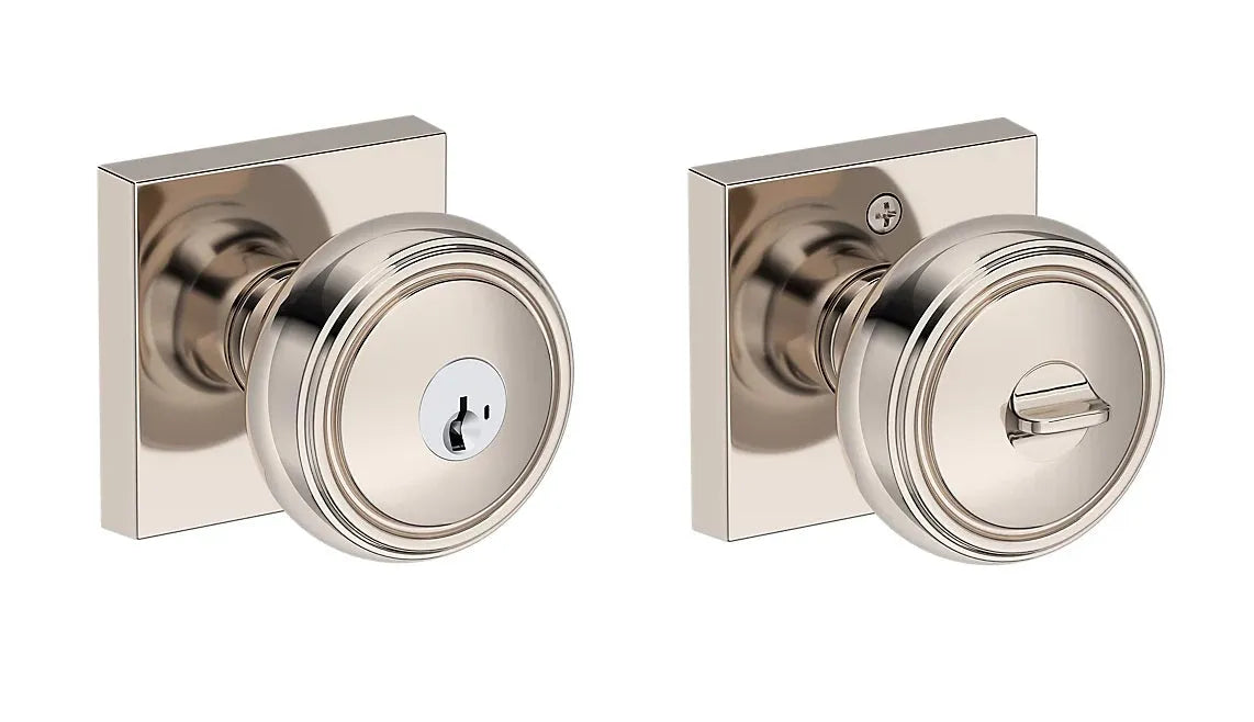 Baldwin Bremerton Knob with Contemporary Square Rosette in Lifetime Polished Nickel finish