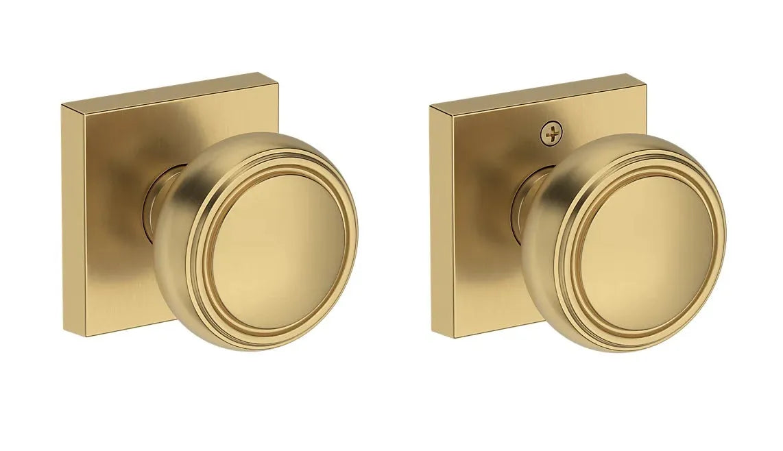 Baldwin Bremerton Knob with Contemporary Square Rosette in Lifetime Satin Brass finish