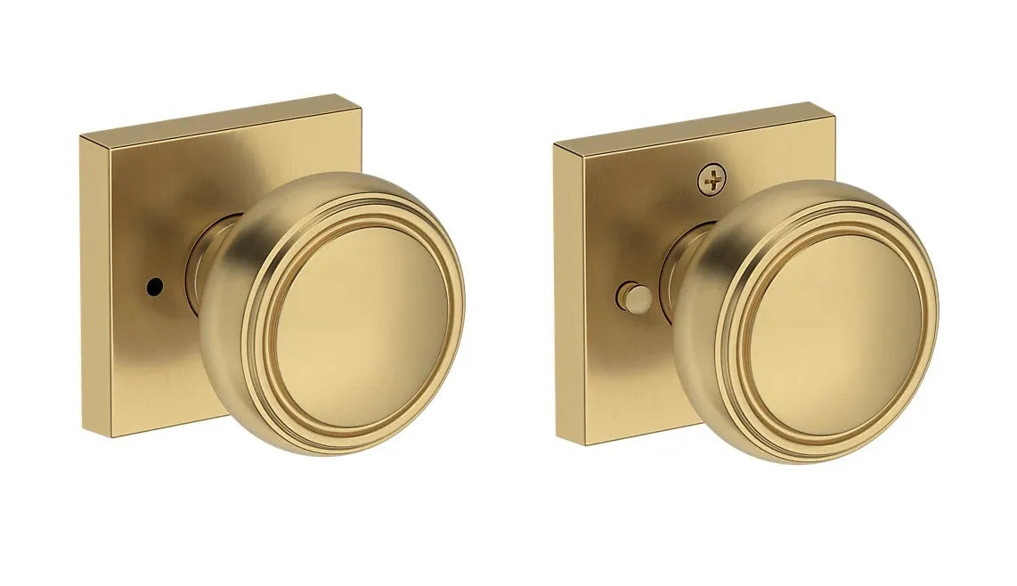 Baldwin Bremerton Knob with Contemporary Square Rosette in Lifetime Satin Brass finish