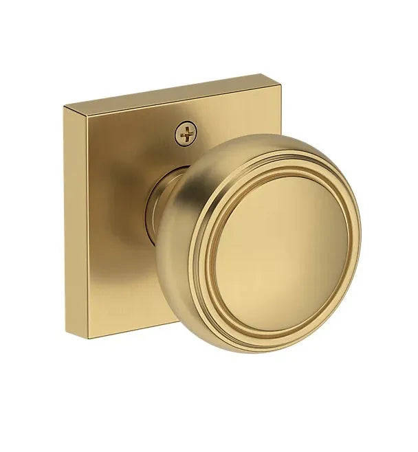 Baldwin Bremerton Knob with Contemporary Square Rosette in Lifetime Satin Brass finish