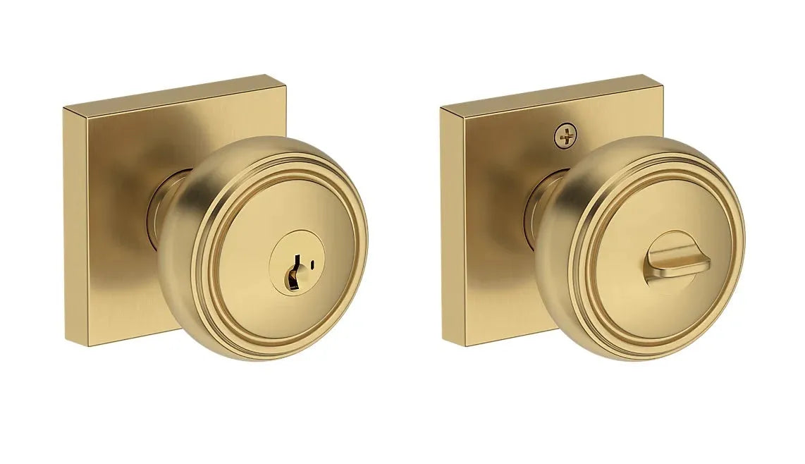 Baldwin Bremerton Knob with Contemporary Square Rosette in Lifetime Satin Brass finish
