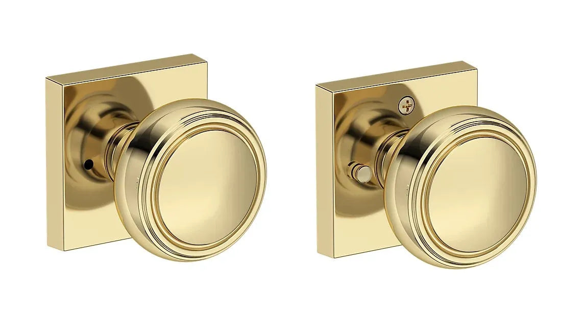 Baldwin Bremerton Knob with Contemporary Square Rosette in Non-Lacquered Brass finish