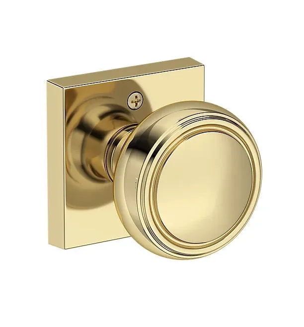 Baldwin Bremerton Knob with Contemporary Square Rosette in Non-Lacquered Brass finish