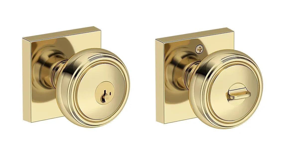 Baldwin Bremerton Knob with Contemporary Square Rosette in Non-Lacquered Brass finish