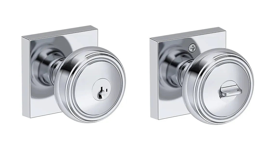 Baldwin Bremerton Knob with Contemporary Square Rosette in Polished Chrome finish