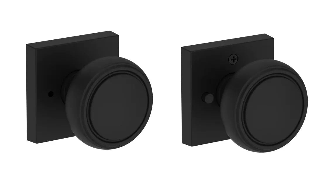 Baldwin Bremerton Knob with Contemporary Square Rosette in Satin Black finish