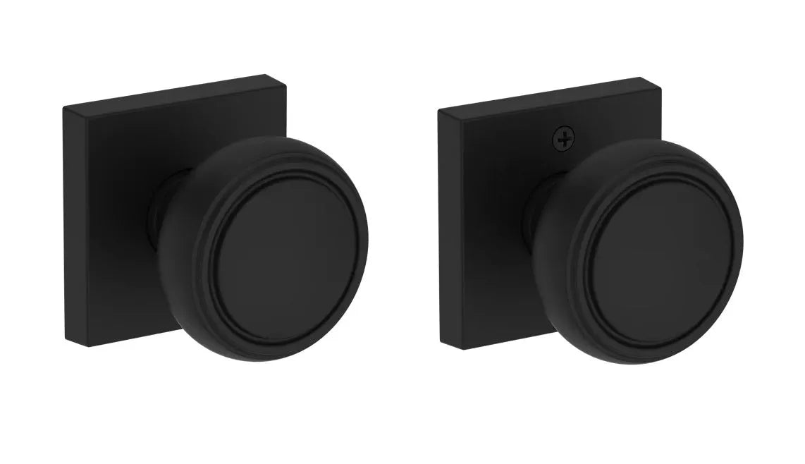 Baldwin Bremerton Knob with Contemporary Square Rosette in Satin Black finish
