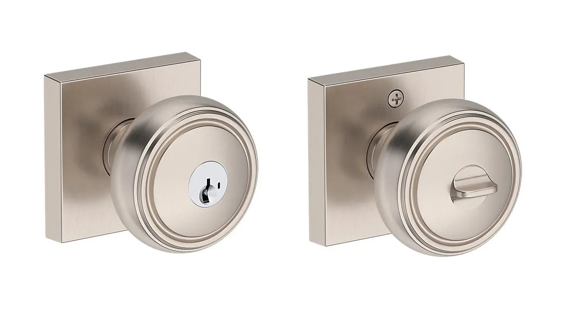 Baldwin Bremerton Knob with Contemporary Square Rosette in Satin Nickel finish