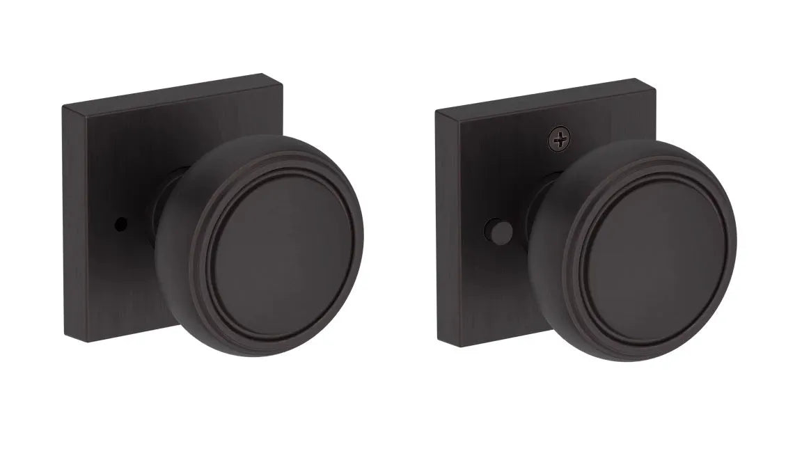 Baldwin Bremerton Knob with Contemporary Square Rosette in Venetian Bronze finish