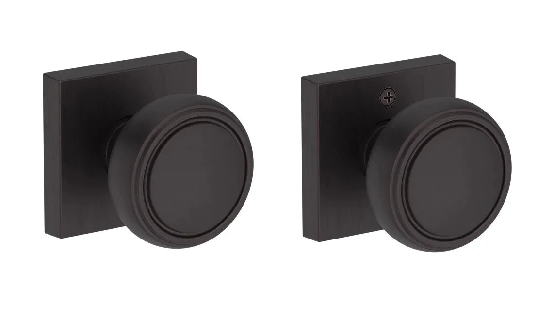 Baldwin Bremerton Knob with Contemporary Square Rosette in Venetian Bronze finish