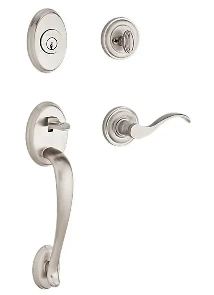 Baldwin Columbus Handleset with Interior Curve Lever with Traditional Round Rosette Lifetime Satin Nickel