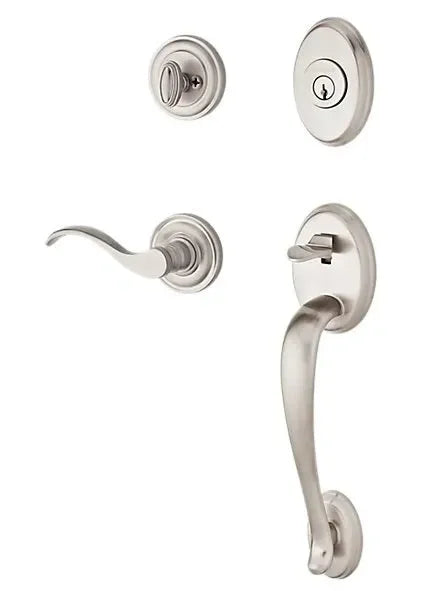 Baldwin Columbus Handleset with Interior Curve Lever with Traditional Round Rosette Lifetime Satin Nickel
