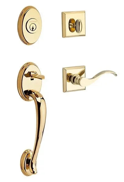 Baldwin Columbus Handleset with Interior Curve Lever with Traditional Square Rosette Lifetime Polished Brass