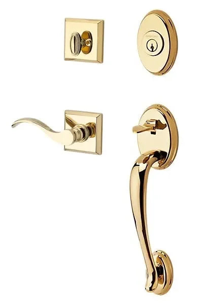 Baldwin Columbus Handleset with Interior Curve Lever with Traditional Square Rosette Lifetime Polished Brass