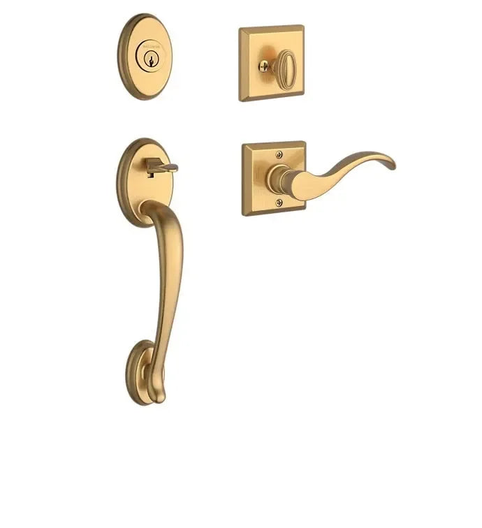 Baldwin Columbus Handleset with Interior Curve Lever with Traditional Square Rosette Lifetime Satin Brass