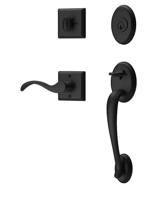 Baldwin Columbus Handleset with Interior Curve Lever with Traditional Square Rosette Satin Black