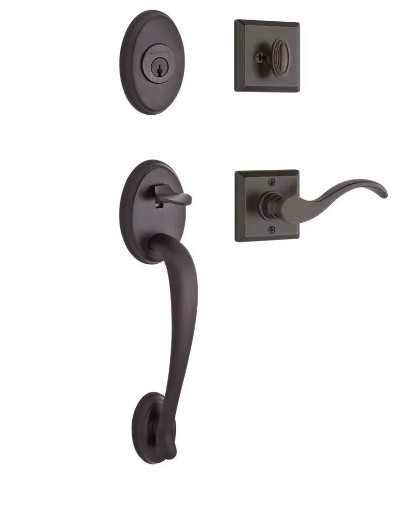 Baldwin Columbus Handleset with Interior Curve Lever with Traditional Square Rosette Venetian Bronze