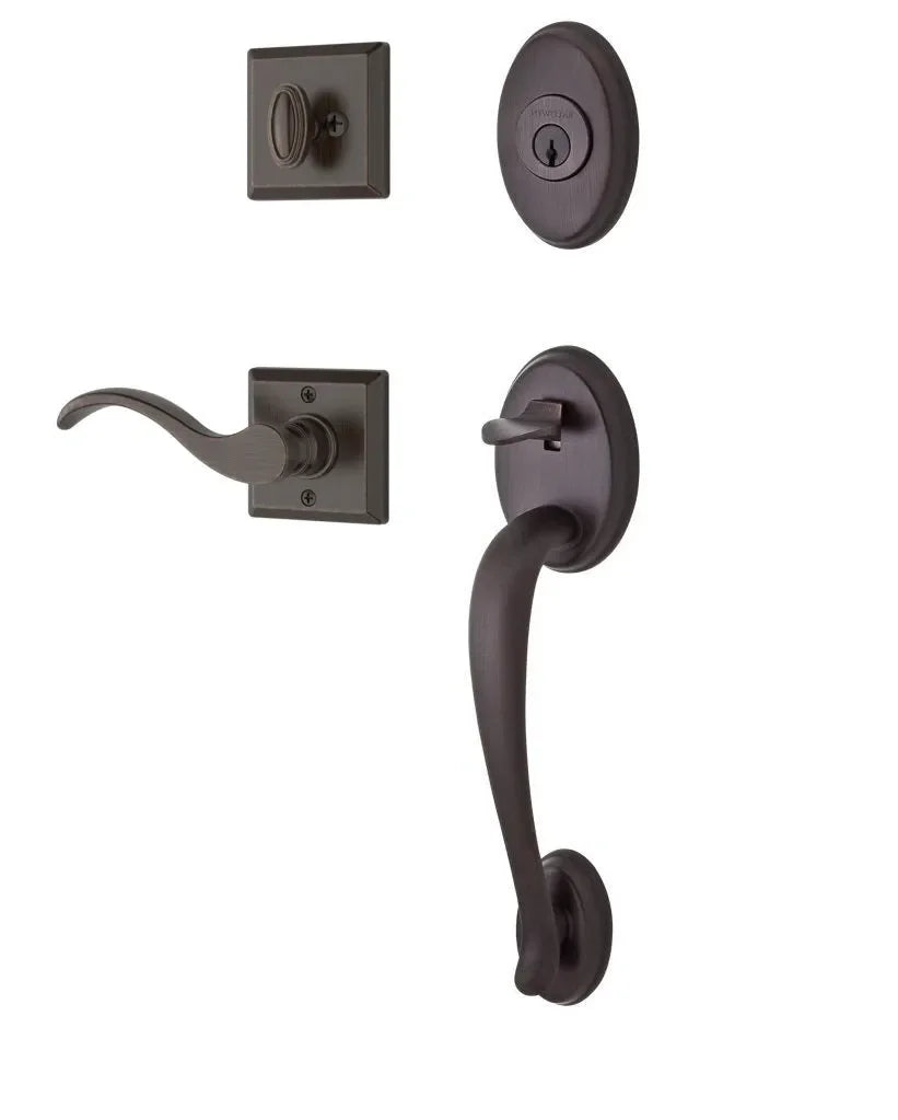 Baldwin Columbus Handleset with Interior Curve Lever with Traditional Square Rosette Venetian Bronze