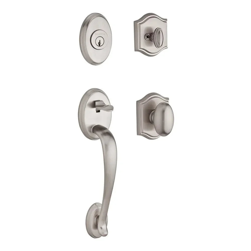 The Baldwin Reserve Columbus Handleset with Interior Ellipse Knob with Traditional Arch Rosette in Lifetime Satin Nickel finish.