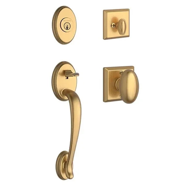 Baldwin Columbus Handleset with Interior Ellipse Knob with Traditional Square Rosette Lifetime Satin Brass