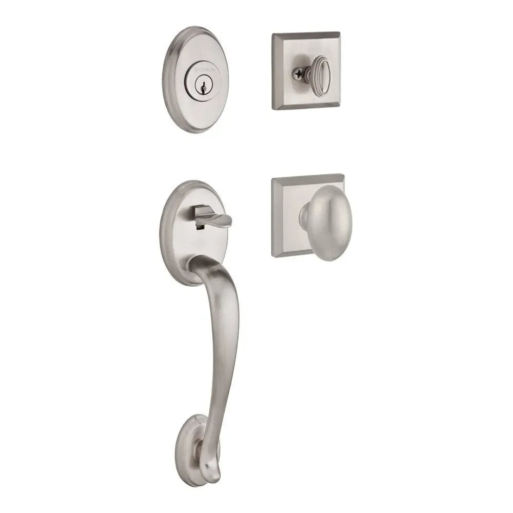 Baldwin Columbus Handleset with Interior Ellipse Knob with Traditional Square Rosette Lifetime Satin Nickel
