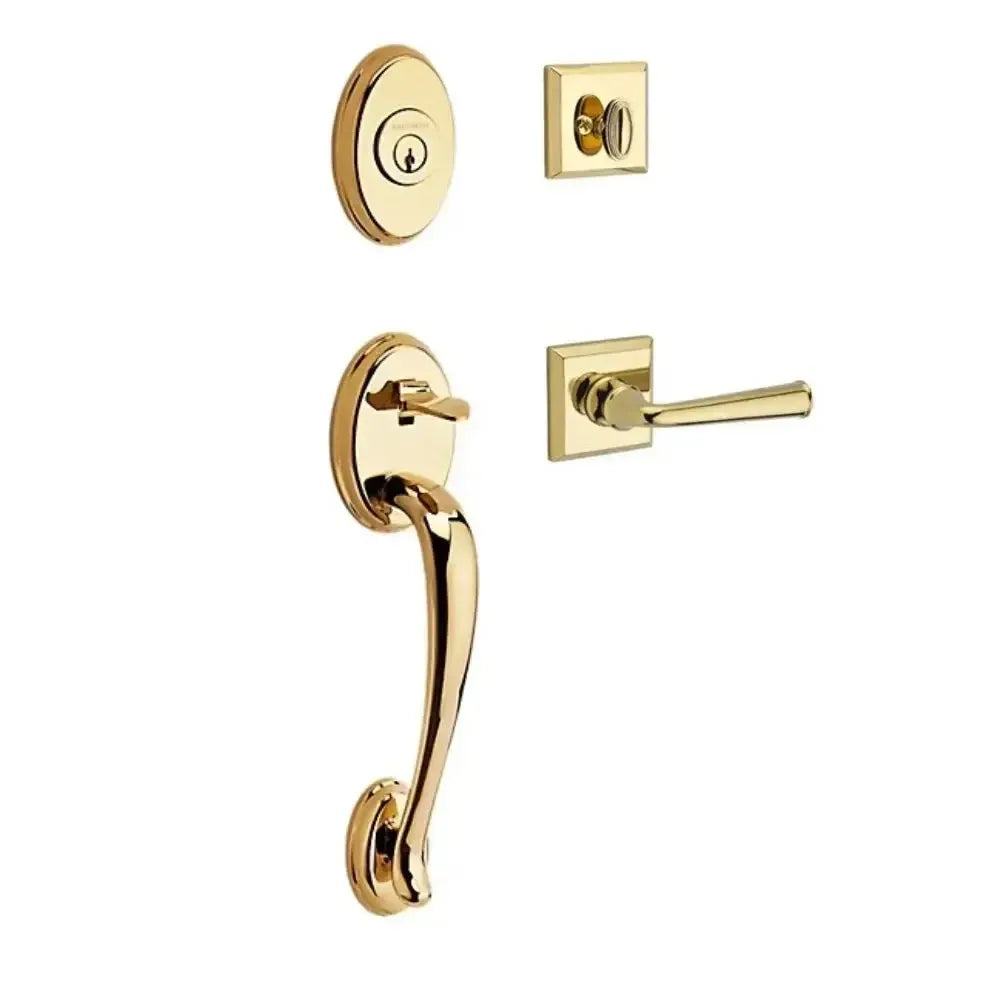 Baldwin Columbus Handleset with Interior Federal Lever with Traditional Square Rosette in Lifetime Polished Brass finish