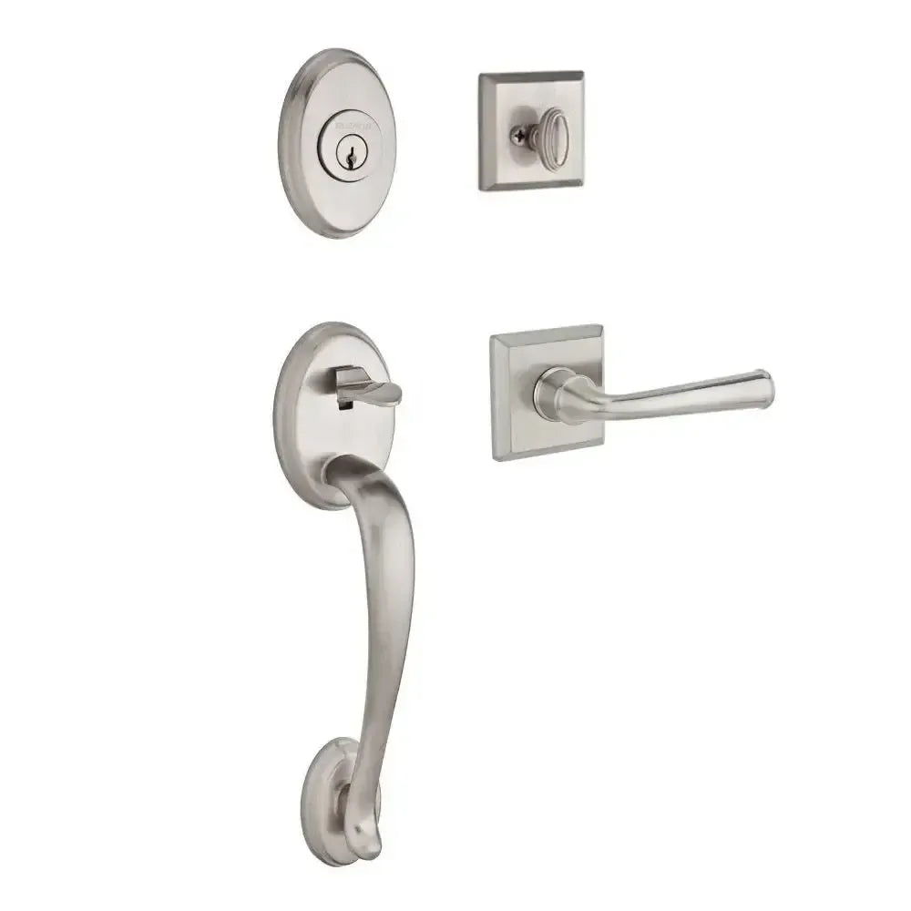 Baldwin Columbus Handleset with Interior Federal Lever with Traditional Square Rosette in Lifetime Satin Nickel finish