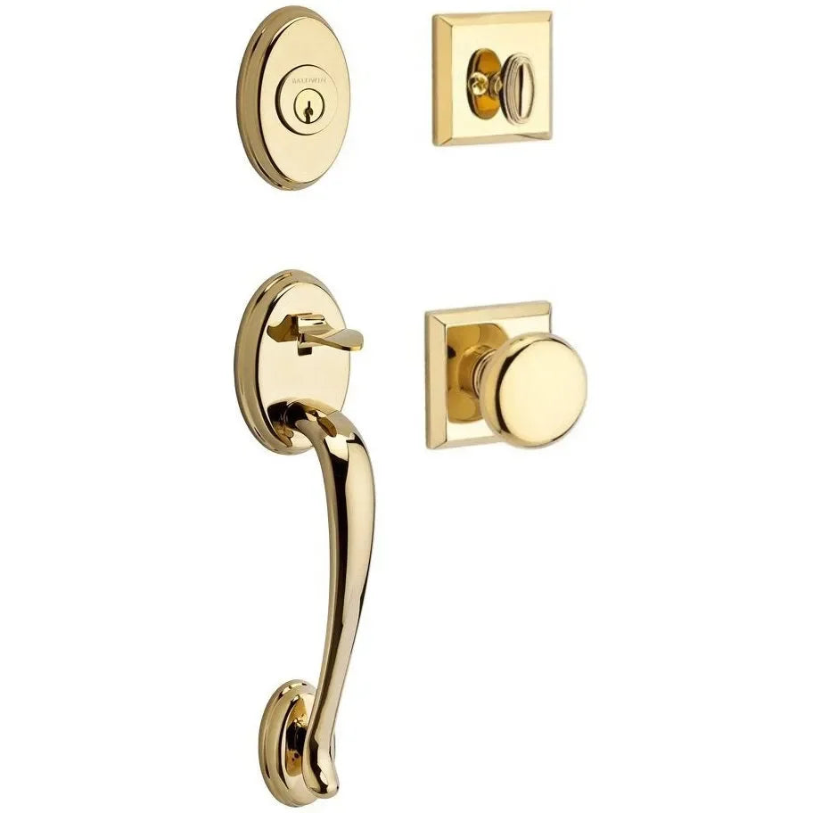 The Baldwin Reserve Columbus Handleset with Interior Round Knob with Traditional Square Rosette in Lifetime Polished Brass finish.