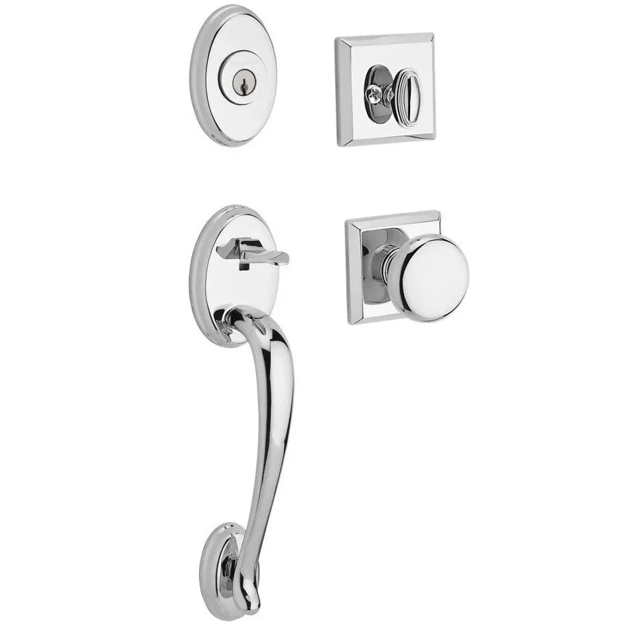 The Baldwin Reserve Columbus Handleset with Interior Round Knob with Traditional Square Rosette in Polished Chrome finish.