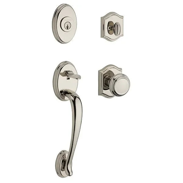 The Baldwin Reserve Columbus Handleset with Interior Traditional Knob with Traditional Arch Rosette in Lifetime Polished Nickel finish.